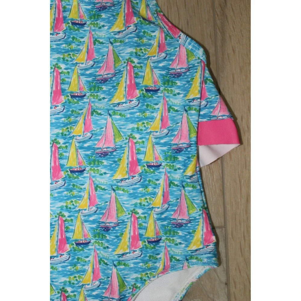 The Oaks Apparel Company‎ Girls Blue Sailboat Ruffle One Piece Swimsuit 4Y
